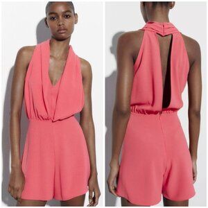ZARA Halter Neck Open Back Coral Romper Size XS